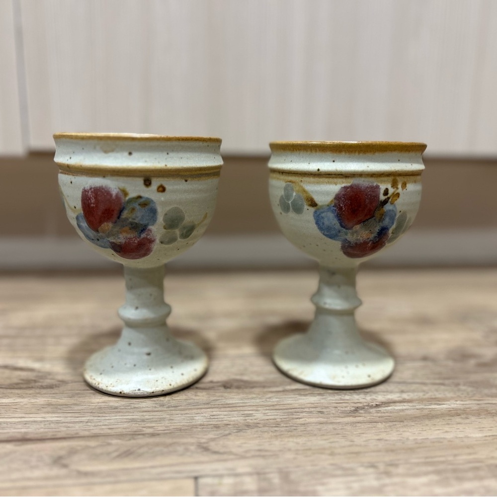 Handmade artisan Floral pottery wine Goblets holiday date anniversary birthday